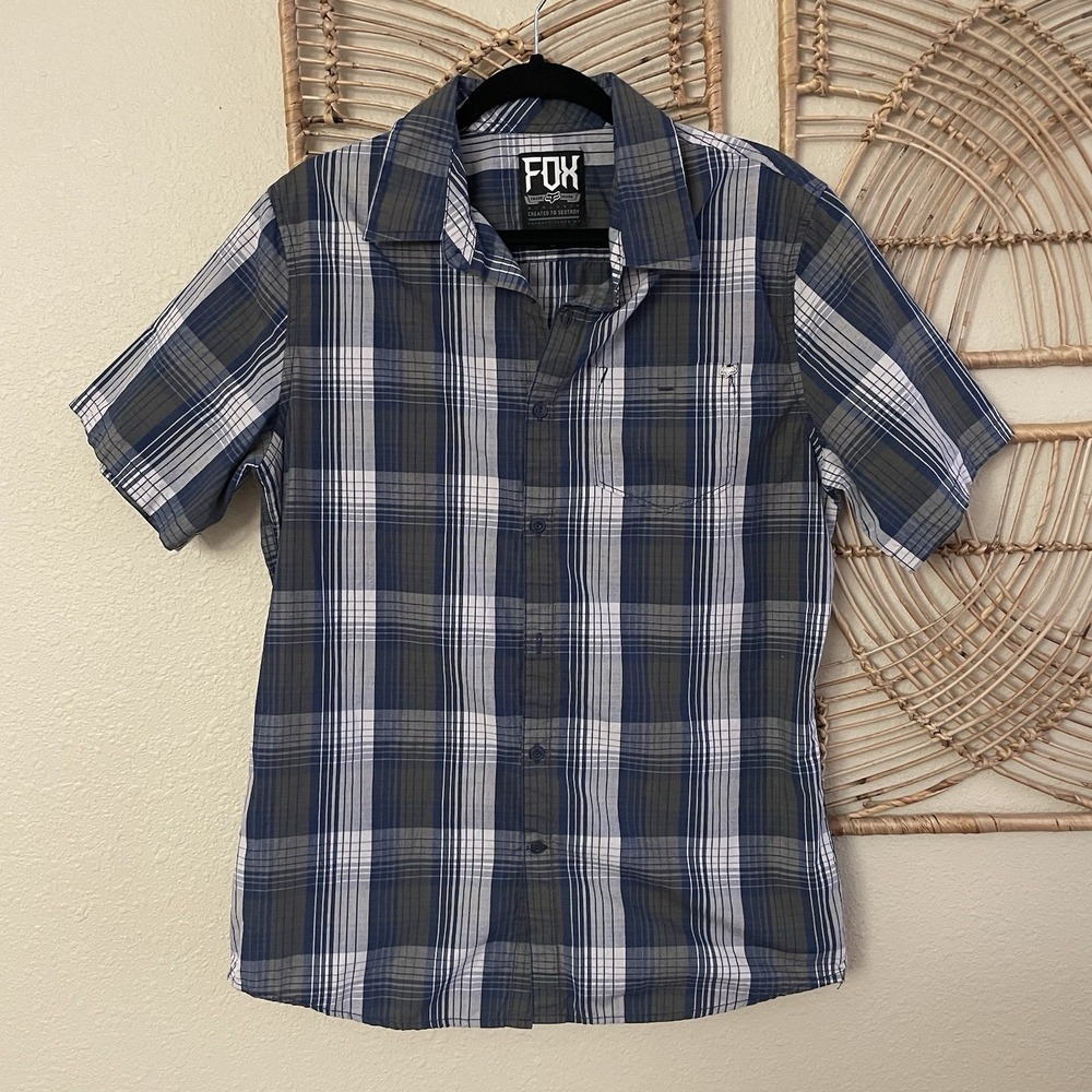 FOX Racing Plaid Short Sleeve Shirt Blue Gray Button Up Surfer Skater M READ B17